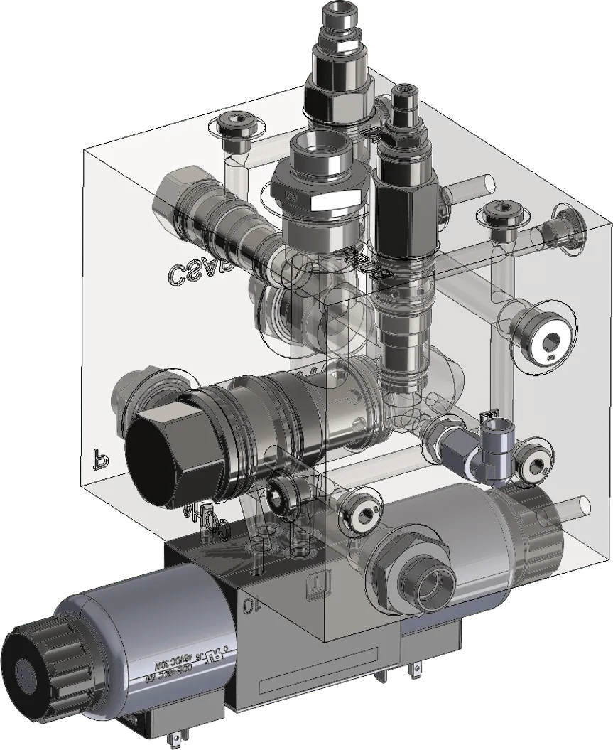 CAD-Ansicht eines Hydraulik-Steuerblocks mit durchsichtigem Körper und sichtbarer Kanalführung