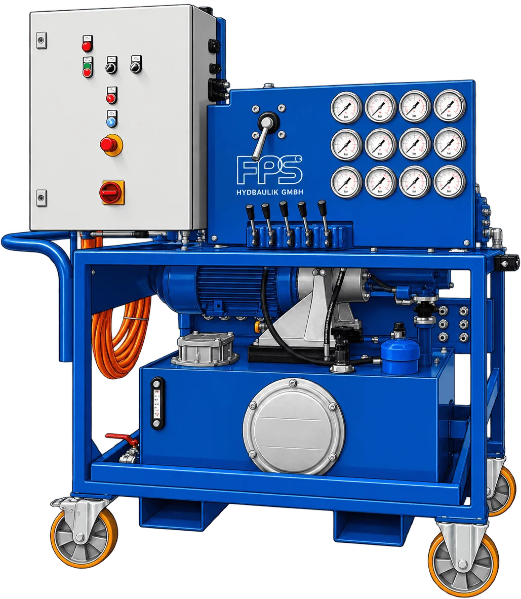 Représentation technique du FPS AgriProof 60/210 Pro : armoire de commande, manomètres, leviers, moteur électrique, pompe, réservoir et roulettes